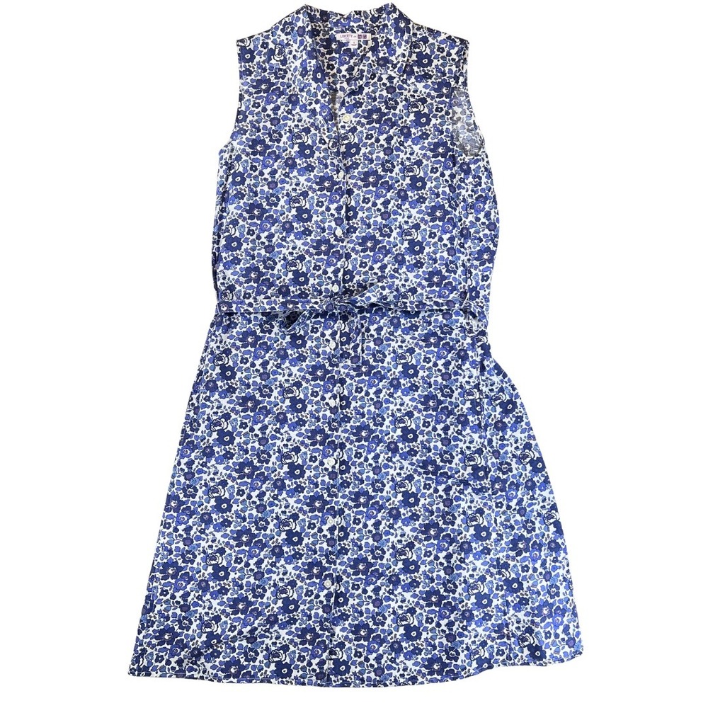 Liberty London Uniqlo Dress S Blue Floral Linen Cotton Shirt Midi Belted